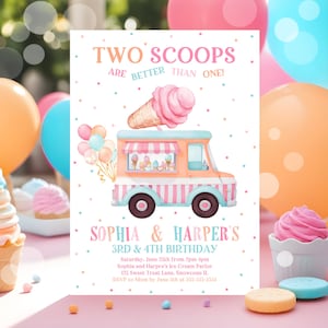Editable Ice Cream Truck Twin Birthday Invitation Twin Ice Cream Birthday Invitation Two Scoops Are Better Than One Twin Instant Downloa C3B