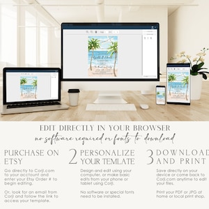 May include: A digital mockup of a computer, tablet, and phone displaying a customizable invitation template for a "Grill & Chill" party. The template features a tropical beach scene with palm trees and a blue sky. The text on the invitation reads "You're Invited to a Grill & Chill Summer BBQ Party" and includes the date and time of the event. The text "Edit Directly in Your Browser, no software required or fonts to download" is displayed below the image.