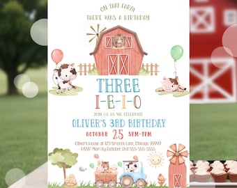 Editable Farm Birthday Invitation Three-I-E-I-O Farm Invite 3rd Birthday Tractor Farm Animal Theme Farm Invite Canva Template Download FA4