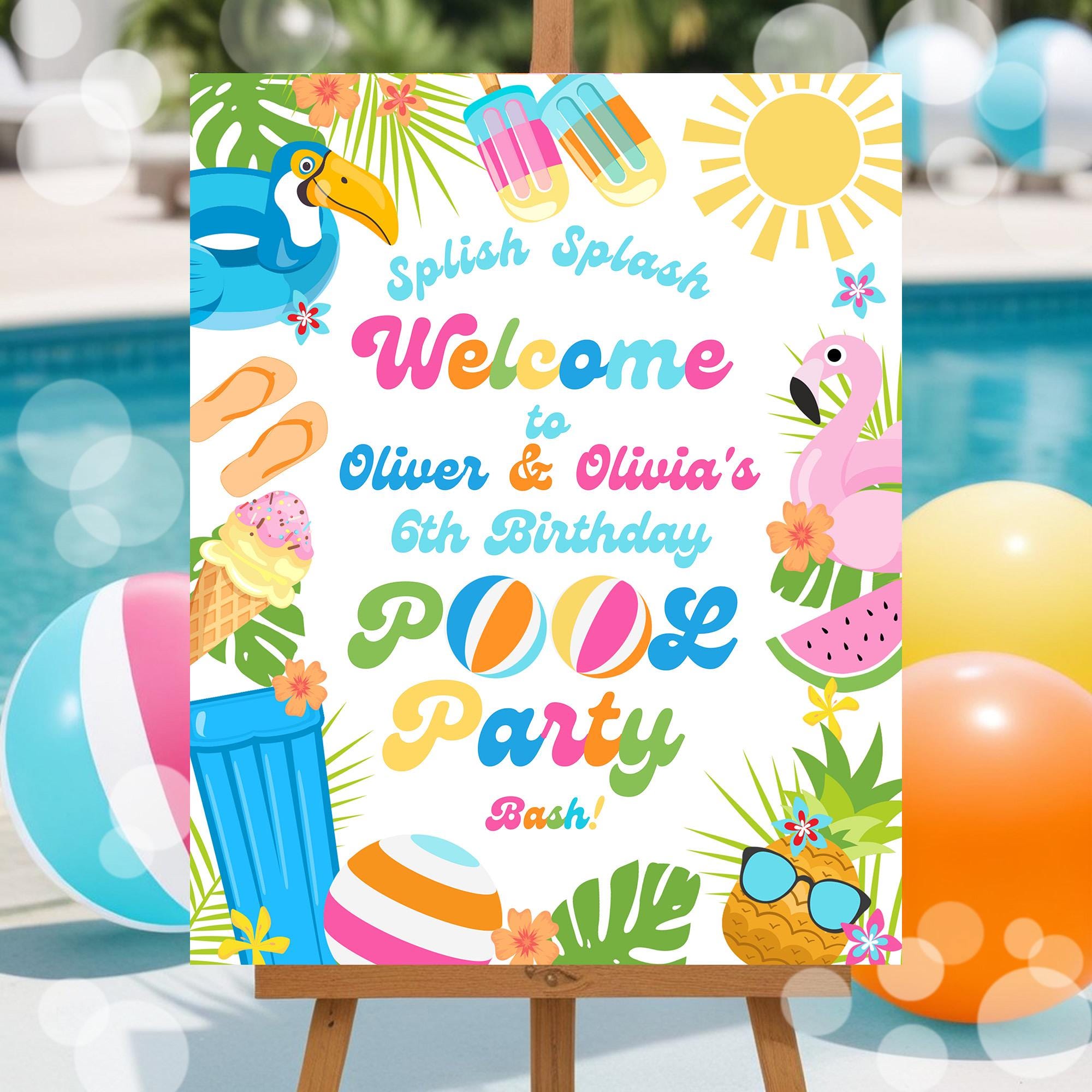 Editable Pool Party Welcome Sign Twins Birthday Pool Party Sign Sibling ...