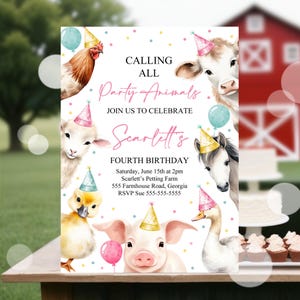 Puede incluir: Una invitación blanca con lunares de colores y animales de granja con sombreros de fiesta. El texto dice "Calling all Party Animals. Join us to celebrate Scarlett's Fourth Birthday. Saturday, June 15th at 2pm. Scarlett's Petting Farm. 555 Farmhouse Road, Georgia. RSVP Sue 555-555-5555."