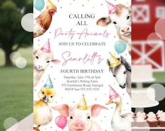 May include: A white invitation with colorful polka dots and farm animals wearing party hats. The text reads "Calling all Party Animals. Join us to celebrate Scarlett's Fourth Birthday. Saturday, June 15th at 2pm. Scarlett's Petting Farm. 555 Farmhouse Road, Georgia. RSVP Sue 555-555-5555."