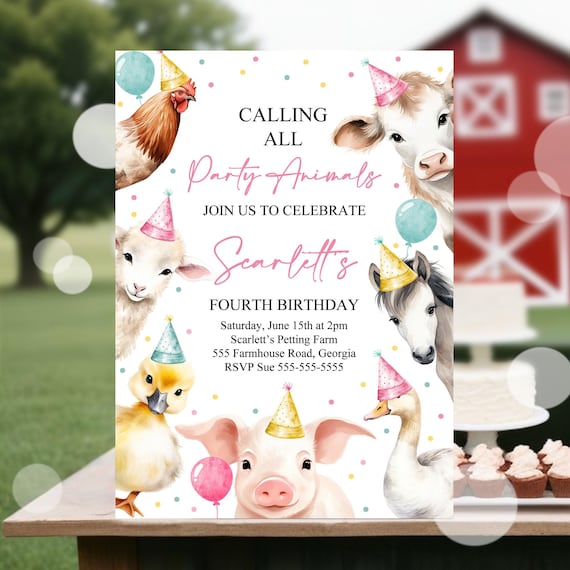 Editable Calling All Party Animals Farm Girl Birthday Invitation Pink Farm Birthday Party Invite Farm Animals Birthday Invitation Canva FA1