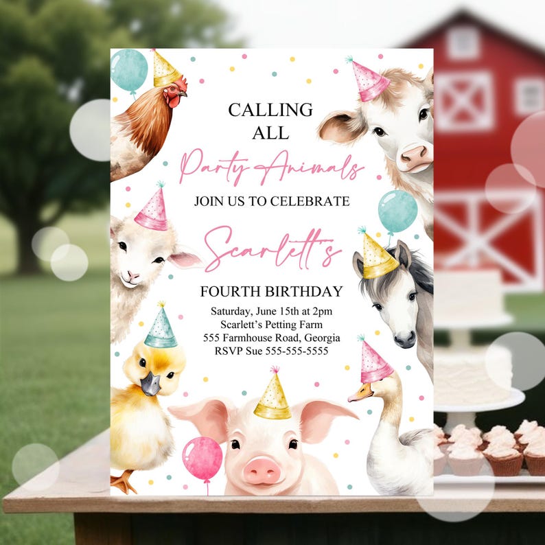 Editable Calling All Party Animals Farm Girl Birthday Invitation Pink Farm Birthday Party Invite Farm Animals Birthday Invitation Canva