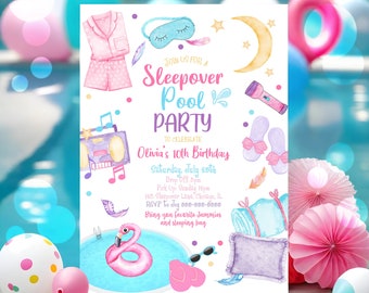 Slumber Pool Party Birthday Invitation Sleepover Swim Birthday Invite Pink Girl Tween Teen Swim Pool Digital Printable Template Corjl SO1