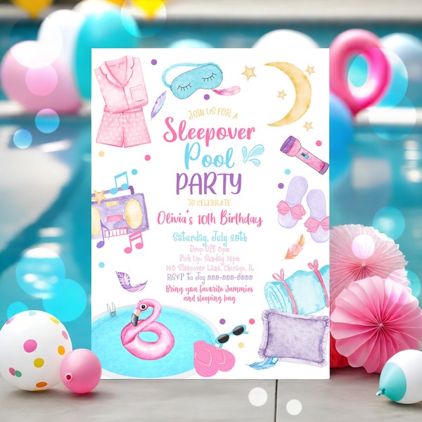 Slumber Pool Party Birthday Invitation Sleepover Swim Birthday Invite Pink Girl Tween Teen Swim Pool Digital Printable Template Corjl SO1