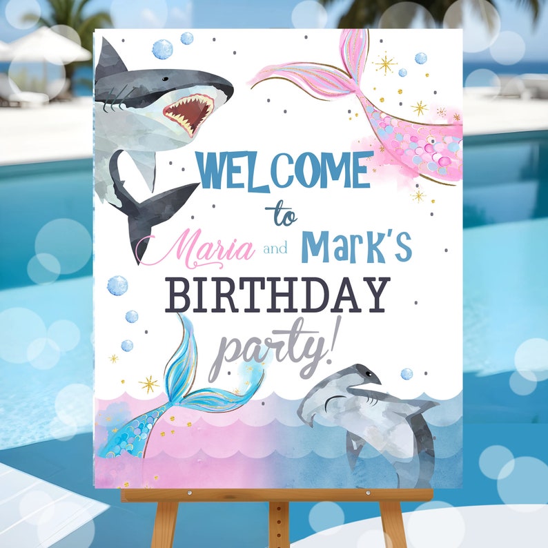 Sharks and Mermaids Birthday Party Welcome Sign Sharks Mermaid Printable Welcome Poster Custom Pool Party Sign Template Instant Download