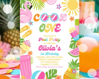 EDITABLE Cool One Birthday Party Invitation Tropical Splish Splash Summer Girly 1st Birthday Party Pool Party Birthday Instant Download P5