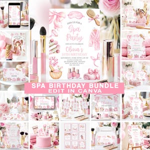 Spa Birthday Party Invitation Bundle Girl Pink Pamper Party Birthday Invite Bundle Pink Bow Spa Invitation Editable Glam Template SP3
