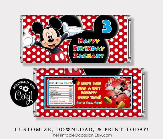 Editable Mickey Mouse Candy Bar Wrappers Mickey Mouse Candy Bar Labels Birthday Favor Baby Shower Instant Download Red Yellow Blue Mmst By The Printable Occasion Catch My Party