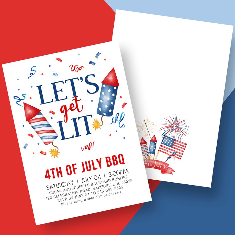 Peut inclure: Une carte d'invitation blanche avec des feux d'artifice aquarelle rouge, blanc et bleu et le texte "Let's get LIT 4th of July BBQ" avec des d&eacute;tails pour une f&ecirc;te de feu de joie dans la cour.