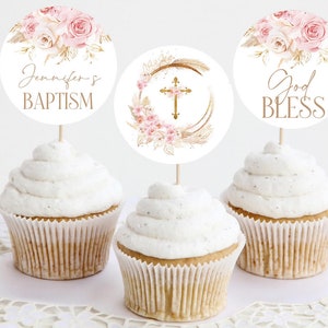 Baptism Cupcake Toppers, Christening Cupcake Toppers, Printable Pink ...