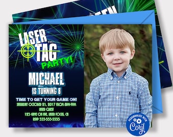 EDITABLE Laser Tag Photo Invitation Neon Laser Tag Birthday Invitation Glow Laser Tag Birthday Party Instant Download, Corjl Invitations LT1