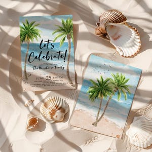 Set the vibe for a laid-back beach party with this editable tropical summer celebration invitation! Featuring palm trees, ocean waves, and string lights, this watercolor beach BBQ invite is perfect for a family gathering, summer cookout, bonfire party, or coastal birthday celebration. Whether you're hosting a grill and chill beach bash, a sunset bonfire, or a tropical luau, this stylish design captures the relaxed, fun atmosphere.