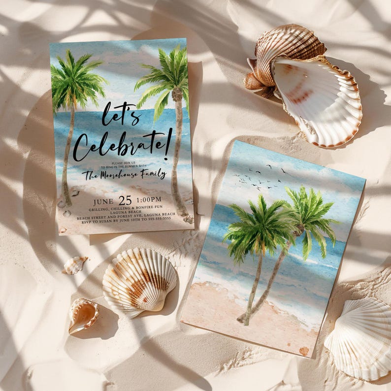 Set the vibe for a laid-back beach party with this editable tropical summer celebration invitation! Featuring palm trees, ocean waves, and string lights, this watercolor beach BBQ invite is perfect for a family gathering, summer cookout, bonfire party, or coastal birthday celebration. Whether you're hosting a grill and chill beach bash, a sunset bonfire, or a tropical luau, this stylish design captures the relaxed, fun atmosphere.