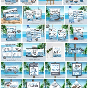 May include: A collection of printable party decorations featuring a shark theme. The decorations include signs, banners, cupcake toppers, and food labels. The designs feature blue, white, and gray colors with illustrations of sharks and ocean waves.