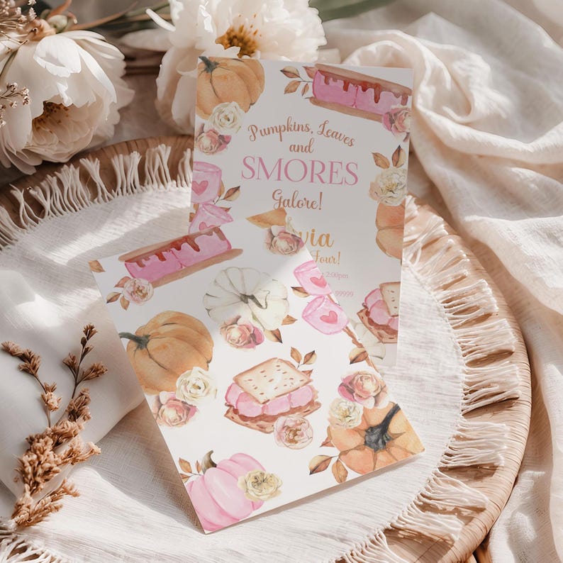 Pink Pumpkin and Smores Birthday Invitation shown with the coordinating invitation back to display the matching double sided design. The cards rest on a woven tray layered with fringed linen, oversized white peonies, dried botanicals, and flowing neutral fabric. Watercolor pumpkins, pink marshmallows, toasted smores, and floral artwork create a sweet editable fall birthday invitation template.