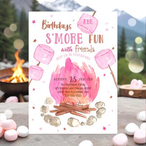 Smores Birthday Invitation Pink Campfire Party Invite Editable Girls Smore Theme Fall Marshmallow Roast Template SM1