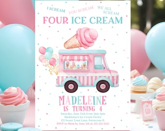 4th Birthday Ice Cream Truck Birthday Invitation Canva Template Girl I scream You Scream 4th Birthday Ice Cream Party Printable Invite C3D