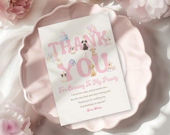 Editable Puppy Birthday Thank You Card Pink Dog Pawty Thank You note Printable Girl Puppy Party Thank You Birthday Pawty Card Canva HG2