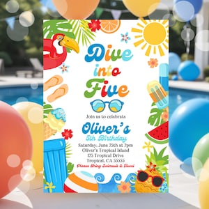 May include: A colorful invitation for a 5th birthday party with a tropical theme. The invitation says "Dive into Five" and features a toucan, sunglasses, a watermelon, and a popsicle. The party is on Saturday, June 25th at 2pm at Oliver's Tropical Island. The address is 123 Tropical Drive, Tropical, CA 55555. The invitation asks guests to bring a swimsuit and towel.