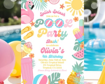 EDITABLE Pool Party Invitation Tropical Splish Splash Girly Pool Party Invitation Summer Swimming Pool Splash Pad Party Instant Download P4