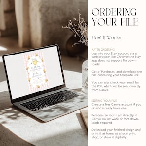 May include: A laptop displays a first birthday invitation with a bee theme. The invitation features a pink gingham background, a honey pot illustration, and the text "One Little Honey is Turning One!" and "Madeline's First Bee Day".