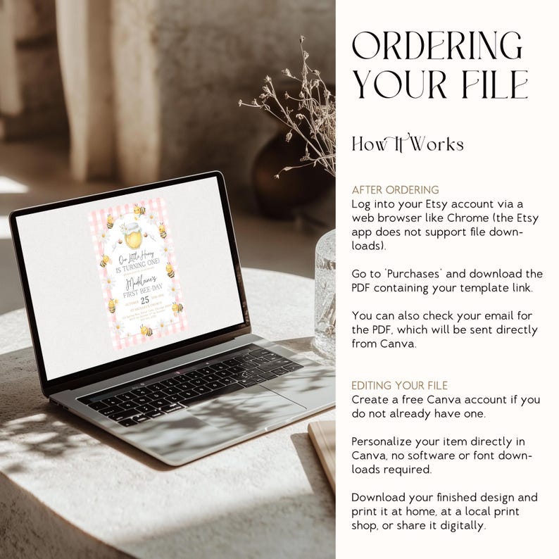 May include: A laptop displays a first birthday invitation with a bee theme. The invitation features a pink gingham background, a honey pot illustration, and the text "One Little Honey is Turning One!" and "Madeline's First Bee Day".