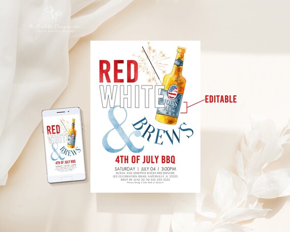 EDITABLE 4th of July Party Invitation Template Red White and Brews 4th of July Backyard BBQ Invitation Printable 4th July BBQ Invitation P1