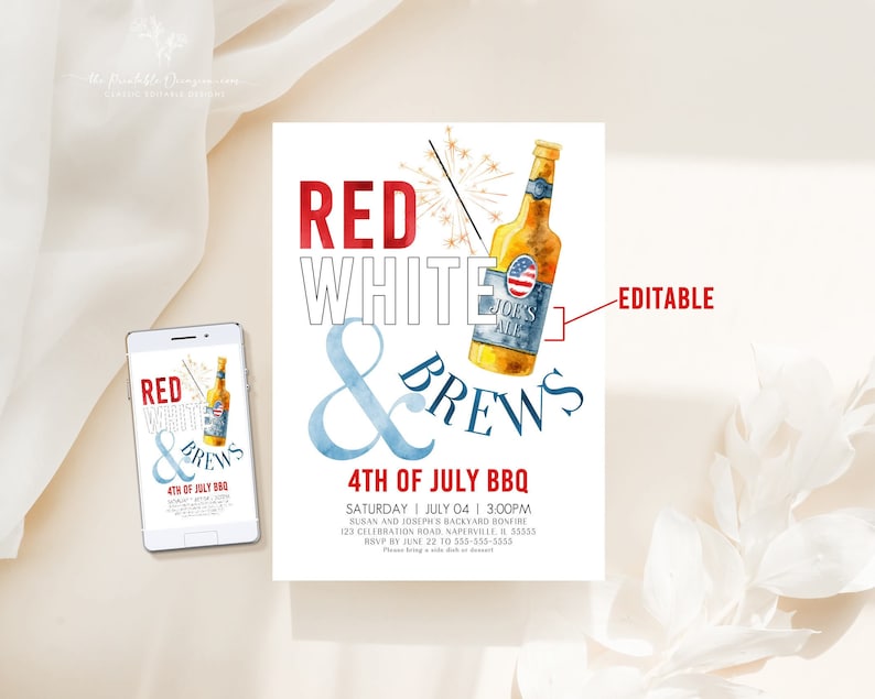 Puede incluir: Invitaci&oacute;n editable para una barbacoa del 4 de julio con un esquema de color rojo, blanco y azul. La invitaci&oacute;n presenta una ilustraci&oacute;n de acuarela de una botella de cerveza con una bengala y el texto "Red White & Brews".