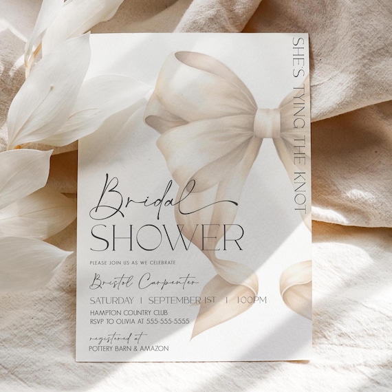 Bridal Shower Bow Invitation Template She's Tying The Knot Bridal Party Template Elegant Beige Bow Bridal Invite Canva Instant Download B2