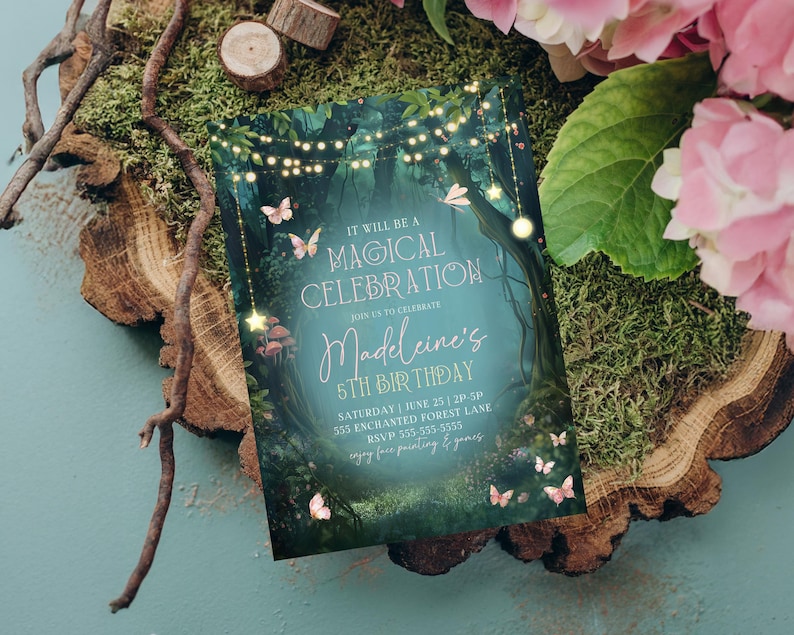 This enchanted forest birthday invitation sits on moss with floral accents, showcasing its fairy garden party style. The woodland birthday invite includes magical fairy lights, butterflies, and enchanted greenery. Editable in Canva, this enchanted birthday party invitation is perfect for a magical girls woodland birthday celebration.