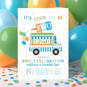 Popsicle Truck 2nd Birthday Invitation, It's Cool to be TWO Invitations, Sweet Celebration, Boy Popsicle Invite Editable Summer Birthday PS1