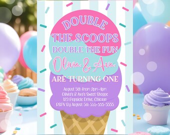 Editable Twin Ice Cream Birthday Invitation First Birthday Double the Scoops Double Fun Twins Pink Mint Gold Printable Template Corjl C6