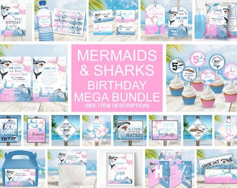 Sharks and Mermaids Invitation Bundle, Pink Blue Sharks and Mermaids Birthday, Brother Sister Sibling Invite Instant Download SH2