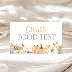 Editable Pumpkin Food Labels Printable Food Tent cards Gender Neutral Pumpkin Folded Food Cards for A Little Pumpkin Party Decorations PM2