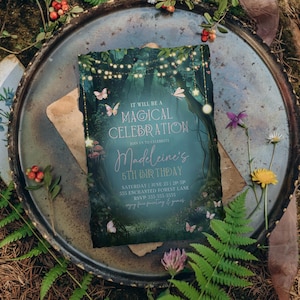 A whimsical enchanted forest birthday party invitation styled with woodland flowers and berries. Perfect for girls fairy garden parties or woodland birthday celebrations, this invite includes butterflies, lanterns, and magical lights. Editable in Canva, this enchanted birthday invitation brings fairy tale charm to your child’s special day.