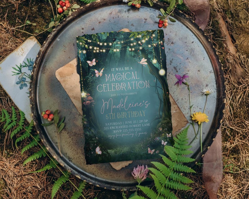 A whimsical enchanted forest birthday party invitation styled with woodland flowers and berries. Perfect for girls fairy garden parties or woodland birthday celebrations, this invite includes butterflies, lanterns, and magical lights. Editable in Canva, this enchanted birthday invitation brings fairy tale charm to your child’s special day.