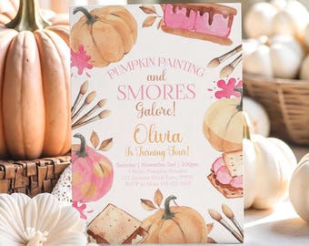 Smores And Pumpkin Painting Birthday Invitation Editable Fall Girl Birthday Party Invite Pink Pumpkin Paint Party Invite Kids Birthday PM1