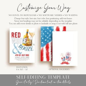May include: Editable 4th of July BBQ invitation template with a red, white, and blue watercolor design. The text says "Red White & Booze" and "4th of July BBQ". The invitation is 5x7 inches.