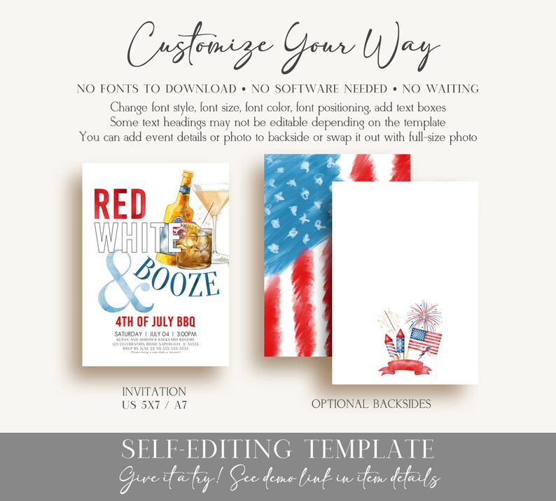 May include: Editable 4th of July BBQ invitation template with a red, white, and blue watercolor design. The text says "Red White & Booze" and "4th of July BBQ". The invitation is 5x7 inches.