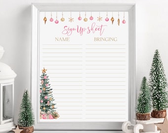 May include: A framed sign-up sheet with the words "Sign Up Sheet" in pink script. The sheet has lines for names and what people are bringing. A watercolor Christmas tree and ornaments decorate the frame. Miniature Christmas trees and a sleigh are in the foreground.