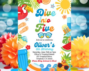 EDITABLE Boy's Dive Into Five 5th Birthday Party Invitation Tropical Summer Splish Splash Boy's Pool Birthday Party Instant Download P9A