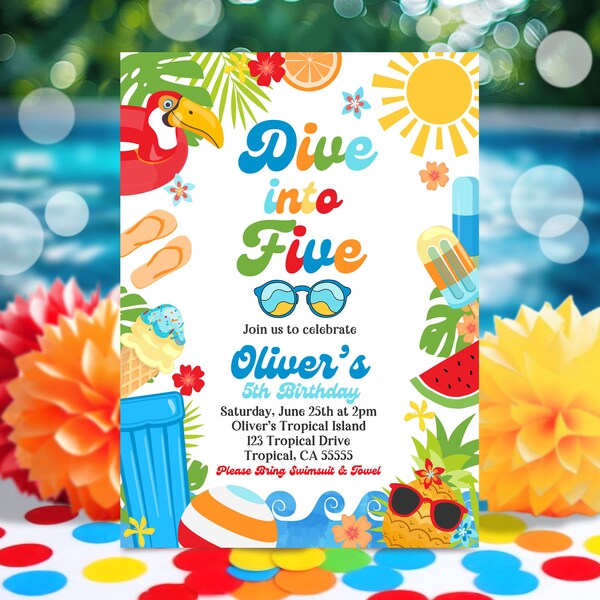 EDITABLE Boy's Dive Into Five 5th Birthday Party Invitation Tropical Summer Splish Splash Boy's Pool Birthday Party Instant Download P9A