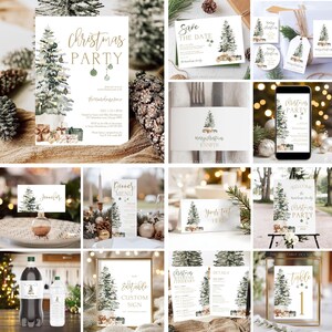 Op de afbeelding: Een verzameling kerstpapierwaren met een aquarel kerstboomontwerp. Inclusief uitnodigingen, save-the-date kaarten, naambordjes, menu's en borden. De tekst bevat "Christmas Party", "Save the Date" en "Editable Custom Sign".