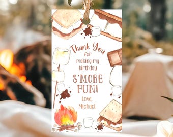 Sjabloon voor bedankkaartjes voor Smores bewerkbare kinderen verjaardag Smore-gunsttags Smore Fun Tags Smores-feesttags Camping Smores-tag vreugdevuur Canva SM3