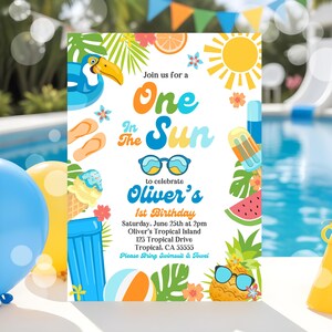 Editable One In The Sun 1st Birthday Party Invitation Tropical Summer Splish Splash Boy 1st Birthday Party Pool Party Instant Download P8Z