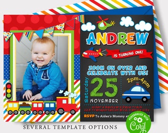 EDITABLE Transportation Invitations, Transportation Birthday Party Invitation Chalkboard Photo Invite Cars Trucks Plane Train Invitations T1