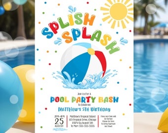 Puede incluir: Una invitación colorida para una fiesta en la piscina para celebrar el quinto cumpleaños de Matthew. La invitación presenta una pelota de playa salpicando en una piscina, un sol y las palabras "Splish Splash". La fecha y la hora de la fiesta se enumeran como 2PM-4PM el 25 de agosto. La dirección es 123 Tropical Drive, Chicago. RSVP antes del 5 de agosto. Para mamá 555-555-5555.