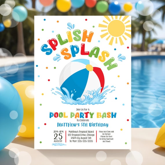Boys Pool Party Invitation Template Splish Splash Pool Party Invite Summer Tropical Swimming Pool Splash Pad Party Instant Download P9A
